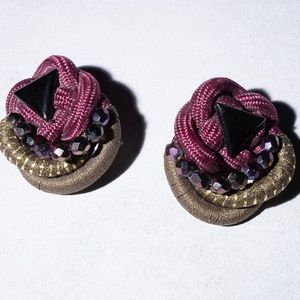 Original 80s Purple Gem, Leather and fabric Clip On Earrings